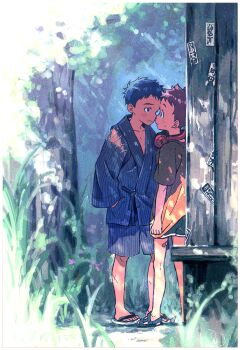 2boys 3ji bandaid blush headphones male_focus multiple_boys nature original outdoors sandals short_hair shorts shota tree tree_shade