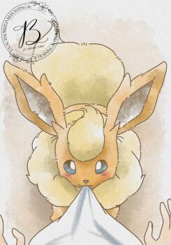 1other animal_focus baya_(sakura_mint) blue_eyes blush closed_mouth clothes_in_mouth flareon gen_1_pokemon highres mouth_hold neck_fur nintendo orange_fur pokemon pokemon_(creature) pokemon_focus pov shirt shirt_in_mouth smile solo_focus tail white_shirt yellow_fur