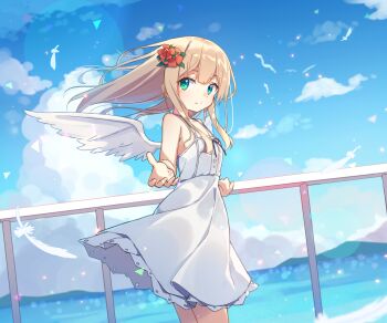1girl angel blonde_hair blue_sky child closed_mouth cloud cloudy_sky dress feathered_wings feathers flower green_eyes hair_flower hair_ornament highres long_hair looking_at_viewer low_twintails multicolored_eyes ocean original reaching reaching_towards_viewer red_flower sky smile solo sundress thighs twintails white_dress white_feathers white_wings wind wings zoirun
