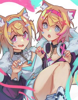 2girls absurdres animal_collar animal_ears bandaid bandaid_hair_ornament bib_collar black_collar blonde_hair blue_eyes blue_hairband blue_streaks breasts center_frills claw_pose cleavage collar commentary dated_commentary detached_collar dog_ears dog_girl dog_tail double-parted_bangs dress facial_mark fake_horns flat_chest frilled_shirt_collar frills fur-trimmed_jacket fur_trim fuwawa_abyssgard fuwawa_abyssgard_(1st_costume) hair_between_eyes hair_ornament hairband hairclip headphones headphones_around_neck heart heart_facial_mark highres hololive hololive_english horn_hairband horns jacket large_breasts long_hair looking_at_viewer mococo_abyssgard mococo_abyssgard_(1st_costume) multicolored_hair multiple_girls open_mouth parallel_hairclips pinepizza pink_eyes pink_hairband pink_streaks shirt shoes short_dress short_hair siblings simple_background sisters sneakers spiked_collar spikes streaked_hair tail twintails two_side_up virtual_youtuber white_background white_dress white_shirt white_shoes x_hair_ornament
