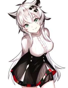 1girl animal_ears arknights arms_behind_back black_skirt center_frills closed_mouth commentary_request cowboy_shot frills green_eyes hair_ornament hairclip highres lappland_(arknights) lappland_the_decadenza_(arknights) long_hair looking_at_viewer no_jacket partial_commentary scar scar_across_eye scar_on_face shirt simple_background skirt smile solo split_mouth standing very_long_hair white_background white_hair white_shirt wolf_ears wolf_girl yoi_(a27963244)