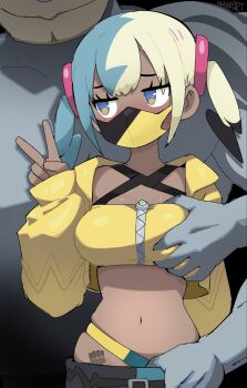 blonde_hair blue_eyes blue_hair canari_(pokemon) crop_top dark-skinned_female dark_skin fruithead gen_1_pokemon grabbing_another&#039;s_breast groping hand_in_pants highres jacket machamp mask mouth_mask multicolored_hair navel nintendo pokemon pokemon_legends:_z-a shirt split-color_hair stomach twintails two-tone_hair v yellow_jacket yellow_shirt
