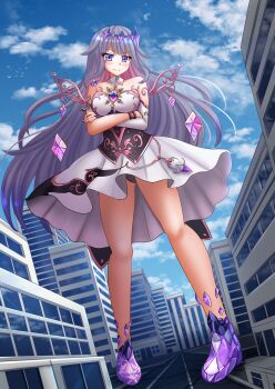1girl arms_under_breasts bare_shoulders blue_sky blush breasts building closed_mouth cloud commentary commission crossed_arms crystal day dress english_commentary giant giantess grey_hair highres hololive hololive_english kazenokaze koseki_bijou koseki_bijou_(1st_costume) long_hair medium_breasts outdoors pink_hair purple_eyes purple_shoes shoes sky smile solo standing strapless strapless_dress very_long_hair virtual_youtuber white_dress wings