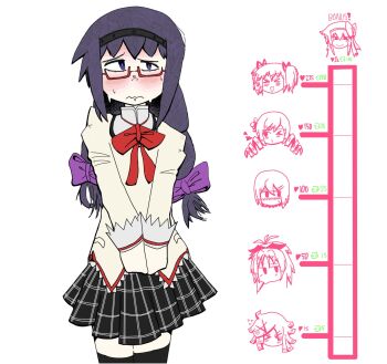 akemi_homura aki_mabayu akuma_homura black_hair black_hairband black_skirt black_thighhighs blush bow braid closed_mouth dress dress_bow feet_out_of_frame glasses hair_bow hairband highres kaname_madoka kiss_meter_(meme) long_hair looking_to_the_side mahou_shoujo_madoka_magica mdhmirl meme miki_sayaka mitakihara_school_uniform nervous nervous_sweating own_hands_together purple_bow purple_eyes red-framed_eyewear red_bow sakura_kyoko school_uniform simple_background skirt solo_focus standing sweat thighhighs tomoe_mami twin_braids wavy_mouth white_background white_dress zettai_ryouiki