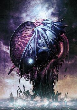 Rule 34 | cotetsu (pixiv227168), creature, cthulhu, cthulhu mythos, dark, eldritch abomination, giant, glowing, magic circle, monster, no humans, ocean, outdoors, sky, splashing, storm, tentacles, veins, water, wings, yamanaka kotetsu