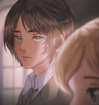 1boy 1girl blonde_hair blue_eyes blurry blurry_background blurry_foreground bolo_tie brown_hair collared_shirt commentary english_commentary eren_yeager green_eyes green_jacket highres iaisotria jacket krista_lenz looking_at_another parted_bangs parted_lips shingeki_no_kyojin shirt short_hair upper_body white_shirt window