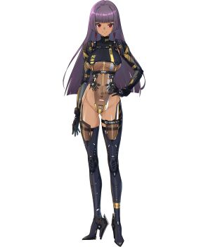 Rule 34 | 1girl, absurdres, ark line, breasts, commentary request, commission, earrings, full body, hand on own hip, high heels, highres, hime cut, jewelry, long hair, looking at viewer, medium breasts, original, pixiv commission, purple hair, red eyes, science fiction, see-through clothes, smile, solo, standing, tan, thighhighs, white background