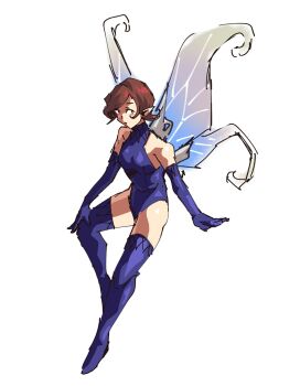1girl blue_gloves blue_leotard blue_thighhighs brown_hair commentary demon_(megami_tensei) duckpasta_flo elbow_gloves english_commentary fairy fairy_wings full_body gloves highres leotard looking_at_viewer pixie_(megami_tensei) shin_megami_tensei short_hair simple_background sketch solo thighhighs white_background wings
