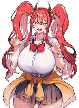 1girl adoptable black_horns bow bowtie breasts claw_pose clothes_around_waist commentary cowboy_shot dress_shirt english_commentary fingernails hair_between_eyes hair_bobbles hair_ornament heart highres horns large_breasts long_fingernails long_sidelocks open_mouth original pleated_skirt pointy_ears red_bow red_bowtie red_hair riaz school_uniform sharp_teeth shirt shirt_tucked_in sidelocks signature skirt slit_pupils solo sparkle sweater sweater_around_waist teeth twintails white_shirt yellow_eyes yellow_nails