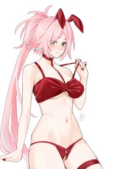 1girl alternate_costume amari_ooi animal_ear_hairband animal_ears bare_shoulders bikini blue_hair breasts choker cleavage closed_mouth collarbone cowboy_shot crotchless crotchless_bikini fake_animal_ears green_eyes groin hairband highres honkai:_star_rail honkai_(series) invisible_table light_blush long_hair looking_at_viewer medium_breasts multicolored_hair navel nontraditional_playboy_bunny parted_bangs pink_hair playboy_bunny ponytail rabbit_ear_hairband rabbit_ears rappa_(honkai:_star_rail) red_bikini red_choker red_nails sidelocks signature simple_background skindentation solo standing stomach streaked_hair swimsuit thigh_strap variant_set very_long_hair white_background