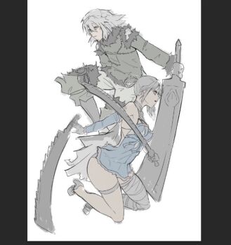 Rule 34 | 1boy, 1girl, bandaged leg, bandaged neck, bandages, black border, black jacket, blue negligee, blue sleeves, border, braid, braided hair rings, breasts, detached sleeves, dual wielding, full body, fur trim, gloves, grey hair, hair between eyes, hair rings, holding, holding sword, holding weapon, jacket, kaine (nier), lingerie, medium breasts, medium hair, negligee, nier (brother), nier (brother) (post timeskip), nier (series), panties, parted lips, shoes, single bare shoulder, sword, thigh strap, underwear, unfinished, weapon, white background, white panties, zorb11s