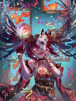 1girl :d bare_shoulders black_gloves breasts brown_hair bubble cleavage coconuthound covering_one_eye cowboy_shot crazy_eyes detached_sleeves dress floating_hair flower flower-shaped_pupils fox_mask gloves glowing glowing_eye hair_spread_out highres honkai:_star_rail honkai_(series) index_finger_raised large_breasts looking_at_viewer mask mask_on_head obi one_eye_covered open_mouth picture_frame pink_eyes red_dress red_flower red_sleeves sash short_sleeves single_glove sleeveless sleeveless_dress smile solo sparkle_(honkai:_star_rail) spider_lily symbol-shaped_pupils teeth twintails