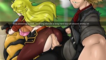 1boy 1girl ass bad_end blonde_hair bra breasts buttjob dialogue_box english_text erection huge_ass huge_breasts imminent_penetration juice long_hair looking_at_viewer looking_back male_pubic_hair mind_control motor_vehicle nayaase_beleguii netorare open_clothes penis penis_out pubic_hair rwby shay_d._mann smile torn_clothes underwear veins veiny_penis yang_xiao_long