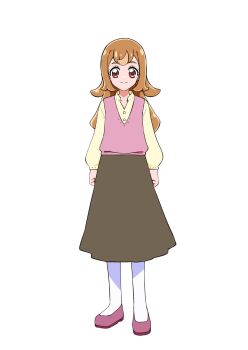 Rule 34 | 1girl, @est@, brown hair, brown skirt, closed mouth, commentary request, full body, highres, inukai komugi, long hair, long skirt, long sleeves, looking at viewer, pantyhose, pink vest, precure, red eyes, shirt, shoes, skirt, smile, solo, standing, straight-on, tachi-e, transparent background, vest, wonderful precure!, yellow shirt