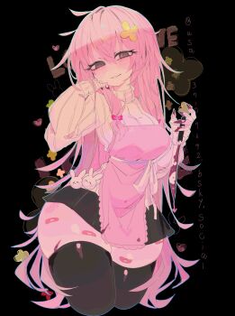 1girl @_@ apron bandaid bandaid_on_leg black_background black_skirt black_thighhighs blood bloody_knife breasts choppy_bangs commentary commission cropped_legs english_commentary hair_between_eyes hair_ornament hands_up highres holding holding_knife knife large_breasts long_hair long_sleeves looking_at_viewer miniskirt original parted_lips pink_apron pink_hair pink_sweater purple_eyes skirt smile solo sweater thick_thighs thighhighs thighs usa37107692 very_long_hair