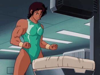 1980s_(style) 1girl animated animated_gif armlet armpits arms_up breasts dirty_pair exercising facial_mark female_focus forehead_mark jewelry leotard medium_breasts muscular muscular_female oldschool purple_eyes retro_artstyle sandra_guts short_hair solo sweat wristband