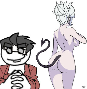 1boy 1girl ass back black_hair breasts demon demon_girl demon_horns demon_tail helltaker helltaker_(character) highres horns kidty lucifer_(helltaker) nude round_eyewear smug standing tail white_background white_hair white_horns