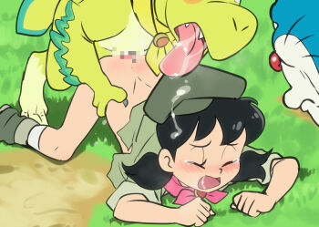 1girl 2boys bestiality blush cat censored dinosaur doraemon doraemon_(character) grass green_footwear green_headwear green_shirt interspecies jcm2 loli minamoto_shizuka multiple_boys saliva shirt tongue tongue_out