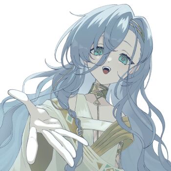 Rule 34 | 1girl, 37 (reverse:1999), :d, ancient greek clothes, armlet, bare shoulders, blue eyes, blue hair, commentary, gold choker, greco-roman clothes, hair between eyes, jewelry, long hair, looking at viewer, masei shibou, open mouth, outstretched hand, reaching, reaching towards viewer, reverse:1999, smile, solo, teeth, toga, upper body, upper teeth only, white background