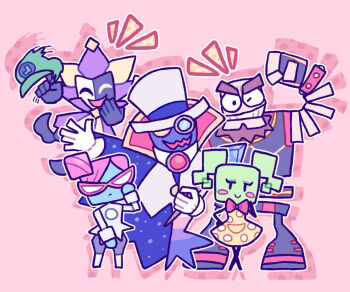 2girls 3boys arthropod_girl bat_(animal) blue_skin bone boots cape closed_mouth clown clown_boy colored_skin count_bleck dimentio disembodied_hand game_console glasses green_headwear green_skin hat insect_girl jester jester_boy jester_cap kcdoos mario_(series) mask mimi_(paper_mario) monocular multiple_boys multiple_girls nastasia nintendo o&#039;chunks open_mouth paper_mario puppet red_ribbon ribbon short_twintails single_eye skeleton smile spider_girl spirit super_paper_mario top_hat twintails wii