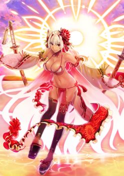 1girl absurdly_long_hair animal_ear_fluff animal_ears arms_behind_back bare_shoulders beach bikini blonde_hair daitouren_(fate) dark-skinned_female dark_skin detached_leggings detached_sleeves fate/grand_order fate_(series) floating floating_clothes floating_object floating_sword floating_weapon flower fox_ears fox_girl full_body game_cg glowing glowing_hair gradient_hair groin hair_flower hair_intakes hair_ornament halo halterneck japanese_clothes katana leaning_forward leg_up long_hair long_sleeves multicolored_hair nail_polish navel ocean official_art okobo outstretched_arms pelvic_curtain pink_hair platform_clogs platform_sandals red_eyes red_flower sandals sheath sheathed shoutouren_(fate) side-tie_bikini_bottom sidelocks solo splashing standing standing_on_one_leg stomach suzuka_gozen_(fate) suzuka_gozen_(swimsuit_rider)_(fate) suzuka_gozen_(swimsuit_rider)_(third_ascension)_(fate) swimsuit sword takenoko_seijin tassel third-party_source variant_set very_long_hair warm_colored weapon white_bikini white_sleeves wide_sleeves