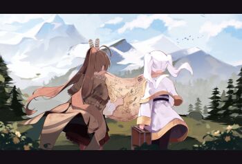 Rule 34 | 2girls, absurdres, ahoge, black pantyhose, brown capelet, brown hair, capelet, cloud, day, dress, feather hair ornament, feathers, field, floating hair, forest, frieren, from behind, hair ornament, highres, holding, holding map, holding suitcase, hololive, hololive english, map, mountainous horizon, multiple girls, namiorii, nanashi mumei, nanashi mumei (1st costume), nature, outdoors, pantyhose, pleated skirt, pointing, ponytail, red skirt, skirt, sousou no frieren, split ponytail, suitcase, tree, twintails, virtual youtuber, white capelet, white dress, white hair, wind, wind lift