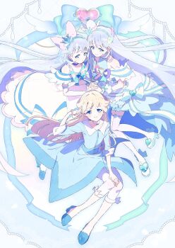 3girls :o absurdly_long_hair aqua_bow aqua_bowtie aqua_ribbon bare_shoulders blonde_hair blue_background blue_bow blue_crown blue_dress blue_eyes blue_footwear blue_hairband blue_shirt blue_sleeves blunt_bangs blunt_ends boots bow bow_legwear bowtie brooch buttons closed_mouth collarbone collared_dress commentary crown cure_nyammy cure_nyammy_(diamond_ribbon_style) dot_nose dress eyelashes footwear_bow frilled_arm_warmers frilled_dress frilled_sleeves frills full_body gown grey_hair hair_bow hair_ornament hairband hand_in_own_hair hand_on_own_knee happy hat heads_together heart heart_brooch high_heel_boots high_heels highres holding_hands interlocked_fingers jewelry large_bow leggings light_blush long_dress long_hair long_sleeves looking_at_viewer magical_girl medium_dress mini_crown mini_hat multicolored_ribbon multiple_girls multiple_persona necklace nekoyashiki_yuki off-shoulder_dress off_shoulder parted_lips pink_bow pink_ribbon precure pumps purple_ribbon ribbon serizawa_serizane shirt short_sleeves single_stripe sitting sleeveless sleeveless_shirt smile straight_hair striped_bow striped_bowtie striped_clothes thigh_boots three-quarter_sleeves two-tone_bow very_long_hair white_arm_warmers white_bow white_dress white_footwear white_hat white_leggings wing_hair_ornament winged_hat wonderful_precure!