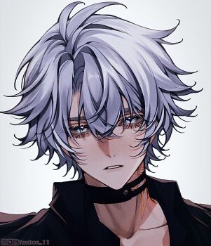 1boy black_choker black_shirt blue_eyes choker collarbone collared_shirt eyelashes grey_hair hashtag-only_commentary honkai:_star_rail honkai_(series) male_focus neck_tattoo open_clothes open_shirt parted_hair parted_lips phainon_(honkai:_star_rail) portrait shirt short_hair simple_background solo tattoo tychee_11 white_background