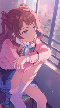 blue_eyes buttons chair collared_shirt gakuen_idolmaster game_asset hanami_saki idolmaster jacket knee_up layered_skirt neck_ribbon official_art pink_jacket red_hair reflection ribbon school_uniform shirt sitting skirt socks wet white_shirt white_socks window