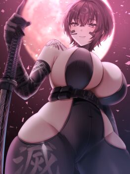 1girl bare_shoulders belt_pouch black_gloves bodysuit braid breasts brown_eyes brown_hair cherry_blossoms cleavage closed_mouth clothing_cutout commentary cowboy_shot crossed_bangs delta_(nikke) delta_(ninja_thief)_(nikke) earpiece elbow_gloves falling_petals full_moon gloves goddess_of_victory:_nikke groin hair_between_eyes highres hip_vent holding holding_sword holding_weapon huazhimaru0 large_breasts looking_at_viewer moon night ninja official_alternate_costume petals pouch short_hair short_sword shoulder_tattoo sidelocks skindentation sleeveless sleeveless_bodysuit smile solo standing sword tattoo underbust weapon