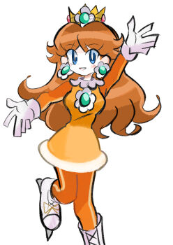 1girl absurdres blue_eyes brown_hair crown earrings flower_earrings gloves highres ice_skates jewelry long_hair looking_at_viewer mario_&amp;_sonic_(series) mario_&amp;_sonic_at_the_olympic_winter_games mario_(series) nintendo princess_daisy princess_daisy_(winter_sports) rakugaki_shitagari-ya simple_background skates smile white_background white_gloves winter_clothes