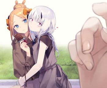 Rule 34 | 2girls, abigail williams (fate), abigail williams (traveling outfit) (fate), absurdres, alternate costume, black bow, black shirt, blonde hair, blue eyes, blush, bow, breasts, candy, chocolate, chocolate bar, commentary request, daisi gi, fate/grand order, fate (series), food, forehead, grey overalls, grey skirt, hair bow, hair bun, highres, hooded shirt, horns, hug, lavinia whateley (fate), long hair, long sleeves, multiple girls, orange bow, overalls, parted bangs, pointing, pointing at self, pov, purple eyes, shirt, short sleeves, single horn, skirt, small breasts, white hair, wide-eyed