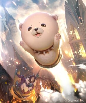 1girl 2others aiming aiming_at_viewer animal_ears animal_hands arm_up boots burning burning_building cerberus_(shingeki_no_bahamut) choker clothing_cutout coco_(cygames) commentary_request company_name day dog_ears dog_girl fire floating hand_puppet high_heel_boots high_heels highres long_hair looking_at_viewer mimi_(cygames) multiple_others nanbo_ataru_(attall) navel navel_cutout object_focus official_art open_mouth outdoors puppet red_boots red_eyes red_hair shadowverse smile smoke solo_focus spiked_choker spikes teeth thigh_boots twintails upper_teeth_only very_long_hair