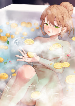 1girl bathing blush breasts brown_hair collarbone commentary_request completely_nude fingernails green_eyes hair_bun hanashiro_yuuka large_breasts looking_at_viewer mandarin_orange_slice nude open_mouth original partially_submerged single_hair_bun smile solo steam tokuno_yuika wet wet_hair
