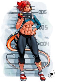 1girl abs black_panties black_pants breasts clothing_cutout commentary english_commentary full_body highres hip_vent holding holding_sign jgeorgedrawz large_breasts looking_at_viewer mugshot original panties pants panty_straps red_hair red_shoes shoes sign solo tail underboob underwear