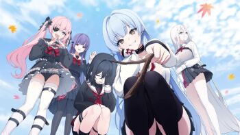 5girls anis_bennett artist_request bandages black_bow black_choker black_gloves black_hair black_panties black_pantyhose black_serafuku black_shirt black_skirt black_thighhighs blue_eyes blue_hair blue_sky bow bowtie branch brown_eyes choker clenched_teeth closed_eyes cloud cloudy_sky ear_piercing fee_drese from_below game_asset gloves grey_eyes hair_between_eyes hair_bow hair_ornament hand_on_own_cheek hand_on_own_face hand_over_eye holding holding_branch julia_barnes leaf liu_cuilan long_hair maple_leaf medium_hair multiple_girls muv-luv muv-luv_girls_garden neck_ribbon neckerchief official_art open_mouth panties pantyhose pantyshot piercing pink_hair purple_hair red_bow red_bowtie red_eyes red_neckerchief red_ribbon ribbon sailor_collar school_uniform serafuku shirt shiun_saya skirt sky squatting standing teeth thigh_strap thighhighs third-party_source twig twintails underwear very_long_hair white_hair white_panties white_sailor_collar white_shirt white_thighhighs