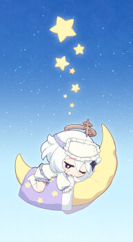 Rule 34 | 1girl, ;o, black eyes, blanket, blue background, blush, blush stickers, bright pupils, commentary, crescent, english commentary, frilled shorts, frilled sleeves, frills, genshin impact, gradient background, hair between eyes, hair ornament, halo, highres, long sleeves, lying, mask, mask on head, on crescent, on stomach, one eye closed, open mouth, paimon (genshin impact), pajamas, puffy shorts, shao (shaorouhong), shirt, short hair, shorts, sidelocks, simple background, sleep mask, sleepy, socks, solo, star (sky), star (symbol), star hair ornament, star print, starry background, white hair, white pajamas, white pupils, white shirt, white shorts, white socks