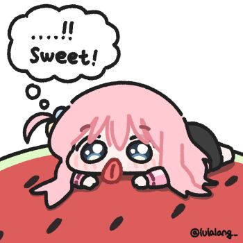 Rule 34 | 1girl, black skirt, blue eyes, bocchi the rock!, chibi, chibi only, english text, food, fruit, full body, gotoh hitori, highres, jacket, licking, long hair, looking at viewer, lulalang, lying, on food, on stomach, one side up, pink hair, pink jacket, simple background, skirt, solo, speech bubble, thought bubble, tongue, tongue out, watermelon, watermelon slice, white background
