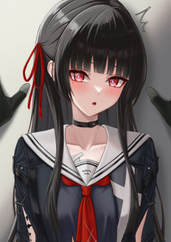 1boy 1girl absurdres arm_cutout black_choker black_gloves black_hair black_jacket black_shirt blush breasts chisa_(wuthering_waves) choker clothing_cutout collarbone commentary commonalty gloves hair_ribbon highres jacket kabedon long_hair long_sleeves looking_at_viewer male_rover_(wuthering_waves) medium_breasts mole mole_under_eye neckerchief open_mouth pov pov_hands red_eyes red_neckerchief red_ribbon ribbon rover_(wuthering_waves) sailor_collar shirt solo_focus tacet_mark_(wuthering_waves) upper_body white_sailor_collar wuthering_waves