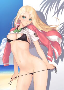 1girl beach bikini blonde_hair breast_slip breasts clothes_lift cloud date_wingfield_reiko day fault!! female_focus green_eyes highres jacket medium_breasts navel nipples ocean outdoors school_uniform shirt_lift side-tie_bikini_bottom skinny slender solo string_bikini swimsuit tony_taka track_jacket