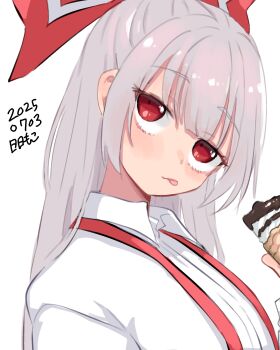 Rule 34 | 1girl, :p, absurdres, blunt bangs, blush, bow, dated, dated commentary, from side, fujiwara no mokou, grey hair, hair bow, half-closed eyes, head tilt, highres, holding, holding ice cream cone, ice cream cone, long hair, neophyte, red bow, red eyes, shirt, simple background, solo, suspenders, tongue, tongue out, touhou, upper body, upturned eyes, white background, white shirt, wing collar