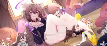 1girl absurdres animal_ear_fluff arm_support barefoot bed bedroom black_collar blush bow breasts brown_hair cat_hair_ornament character_doll collar commentary_request crotch_seam curtains doll double-parted_bangs dutch_angle feet finger_to_mouth food food_on_toes fruit full_body grin hair_between_eyes hair_ornament hair_spread_out hand_up highres indoors knees_up legs lemon lemon_juice lemon_slice letter_hair_ornament long_bangs long_hair looking_at_viewer microskirt off-shoulder_sweater off_shoulder on_floor original panties panties_under_pantyhose pantyhose pink_panties pink_skirt pleated_skirt polka_dot polka_dot_panties purple_bow purple_eyes purple_ribbon purple_sweater reclining ribbon shirt sidelocks siroka skirt sleeves_past_wrists small_breasts smile soles solo striped_clothes striped_shirt stuffed_animal stuffed_toy sweater thighband_pantyhose toes two_side_up underwear unworn_pantyhose variant_set vertical-striped_clothes vertical-striped_shirt very_long_hair white_pantyhose white_shirt window