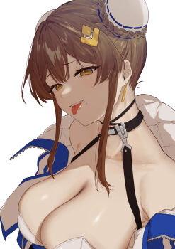 1girl bare_shoulders black_choker blue_jacket braid braided_bun breasts brown_hair bun_cover chaos_zero_nightmare choker cleavage cropped_jacket double_bun dress earrings eyeliner hair_bun hair_ornament highres jacket jewelry large_breasts looking_at_viewer makeup mole mole_on_breast mole_under_mouth niimaru off_shoulder open_clothes open_jacket piercing short_hair_with_long_locks solo tongue tongue_out tongue_piercing upper_body yellow_eyes yuki_(chaos_zero_nightmare)