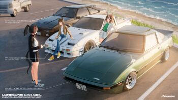 3girls absurdres animal_ears beach black_hair black_jacket black_shorts blue_eyes blue_pants brown_hair brown_jacket car character_name closed_mouth denim evening green_shirt highres horse_ears horse_girl horse_tail jacket jeans katsuragi_ace_(umamusume) kei_truck mazda_rx-7 motor_vehicle mr._c.b._(umamusume) multicolored_hair multicolored_jacket multiple_girls nissan_300zx nissan_fairlady_z ocean on_car outdoors pants parking_lot ponytail purple_eyes run_rotary sand shadow shirt shoes shorts sitting standing suit_jacket symboli_rudolf_(umamusume) tail toyota toyota_celica track_jacket truck two-tone_jacket umamusume v-neck vehicle_focus vehicle_name white_hair white_jacket white_shirt white_shoes white_shorts yellow_shoes