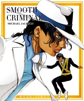 1boy araki_hirohiko_(style) black_hair blue_shirt character_name commentary dark-skinned_male dark_skin english_commentary formal_clothes ggs_cihuy gold_border hat lips michael_jackson necktie original outside_border parted_lips real_life shirt shoes smooth_criminal suit twitter_username wavy_hair white_background white_hat white_necktie white_shoes white_suit