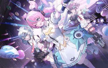 Rule 34 | 3girls, angels of delusion, aria (zenless zone zero), arm warmers, black hair, black thighhighs, bow, closed mouth, commentary request, dress, fingerless gloves, gloves, green eyes, green hair, hair bow, highres, holding, holding hands, holding microphone, hy (hem oo), leg warmers, looking at another, looking at viewer, microphone, multicolored hair, multiple girls, nangong yu, navel, necktie, one eye closed, open mouth, pink gloves, pink hair, pink socks, red necktie, shirt, single thighhigh, smile, socks, stage lights, standing, standing on one leg, star-shaped pupils, star (symbol), striped arm warmers, striped leg warmers, sunna (zenless zone zero), symbol-shaped pupils, thighhighs, torn clothes, torn thighhighs, white dress, white shirt, white thighhighs, zenless zone zero