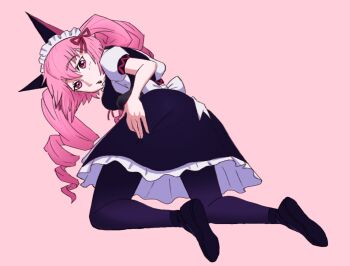 1girl :o akiha_rumiho animal_ears artist_request black_dress black_shoes black_thighhighs blush cat_ears commission dress drill_hair fake_animal_ears from_behind highres kneeling lace-trimmed_sleeves lace_trim long_hair looking_at_viewer maid maid_headdress mayqueen_maid_uniform non-web_source open_mouth pantyhose petticoat pink_eyes pink_hair puffy_short_sleeves puffy_sleeves purple_eyes science_adventure shoes short_sleeves solo steins;gate teeth thighhighs twin_drills upper_teeth_only