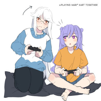 Rule 34 | 2girls, commentary request, controller, game controller, genshin impact, glasses, hair between eyes, hinagi (fox priest), holding, holding controller, holding game controller, keqing (genshin impact), long hair, multiple girls, ningguang (genshin impact), playing games, playing video games, purple hair, red eyes, white hair