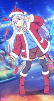 1girl animal_ears black_thighhighs blue_eyes blue_hairband blue_sweater boots brown_shorts coat collared_shirt ear_covers ears_through_headwear fur-trimmed_boots fur_trim grey_hair grey_tail grin hair_between_eyes hairband hat headband highres horse_ears horse_girl horse_tail long_hair long_sleeves looking_at_viewer meiji_(kurumierika) multicolored_hairband neck_ribbon open_clothes open_coat open_mouth red_boots red_coat ribbon santa_costume santa_hat shirt shorts smile striped_clothes striped_hairband sweater tail tamamo_cross_(umamusume) teeth thighhighs two-tone_hairband umamusume v very_long_hair white_shirt