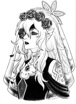 1girl animal_ears bat_ears bat_girl breasts bride brooch commentary dated dress embla_(closed-off_bride)_(fire_emblem) embla_(fire_emblem) english_commentary fire_emblem fire_emblem_heroes flower flower_eyepatch gem hair_flower hair_ornament halo jewelry kastillia monochrome nintendo official_alternate_costume rose signature small_breasts solo upper_body wedding_dress white_background white_hair